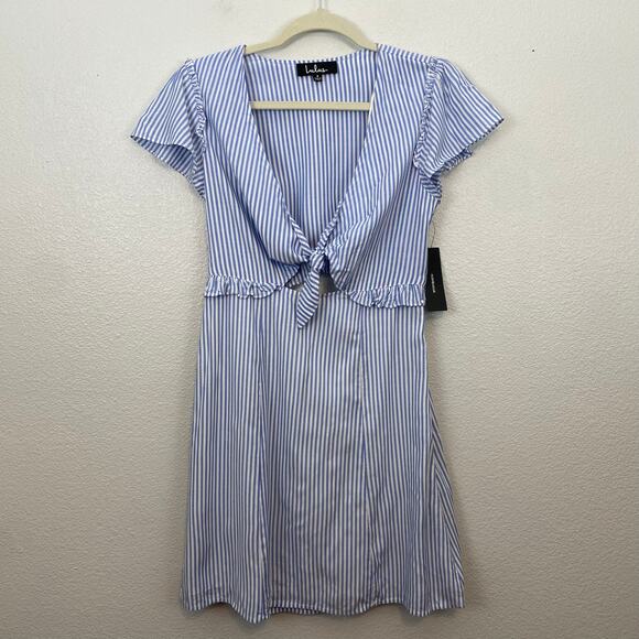 Lulus Seaport Blue & White Stripe Tie Front 100% Rayon Mini Dress - S - Picture 4 of 10